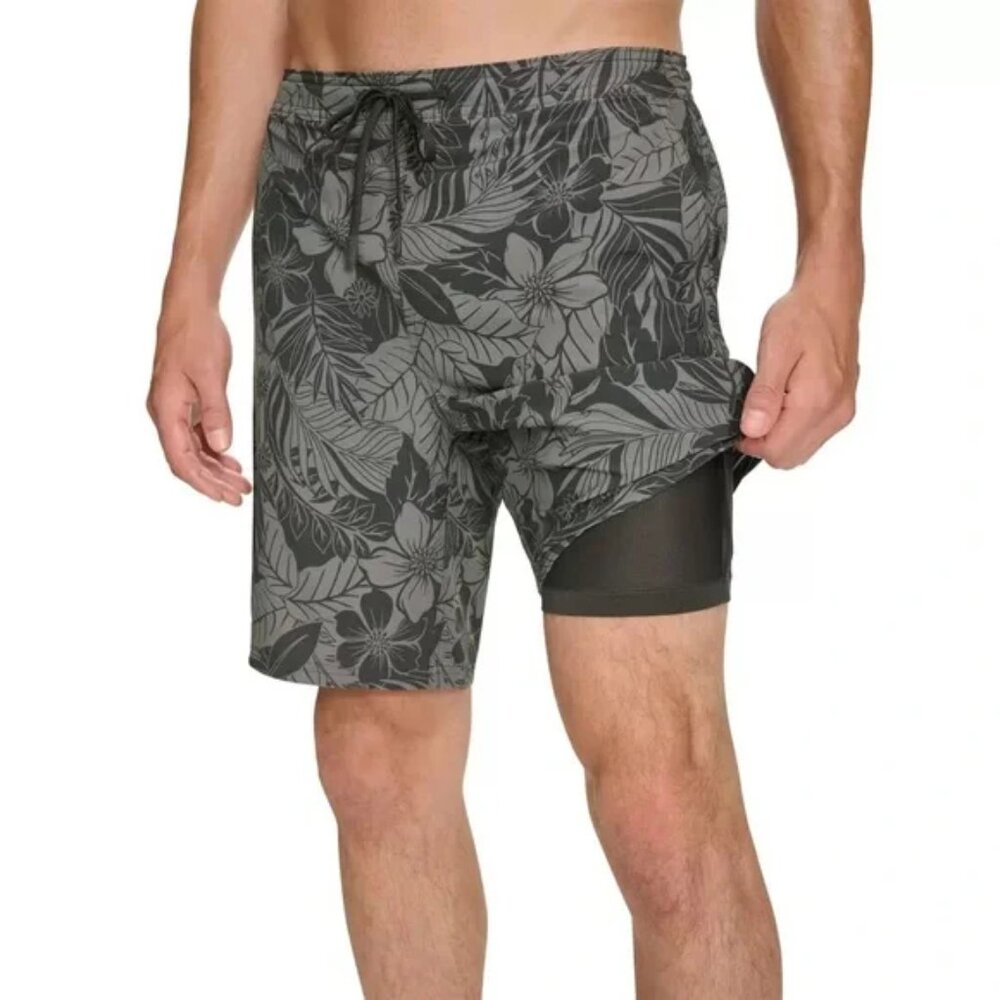 NEW Kirkland Mens Swim Board Shorts | Green Floral - Picture 2 of 4